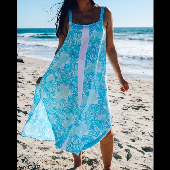 NWT Lilybridge Blue Tropics Midi Swim Cover up Dress L - Picture 1 of 8